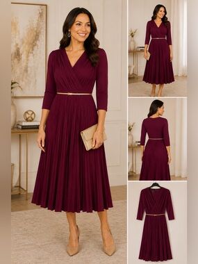 Suzi Chin Wine Pleated Surplice Midi Dress
